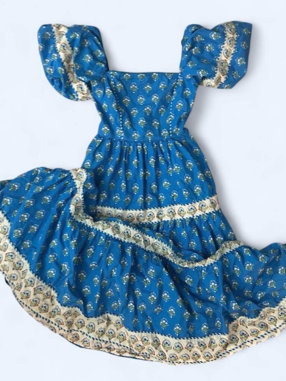 LIKE NEW XS Maxi Dress Block Print Blue Floral Tiered Puff-Sleeve Vintage